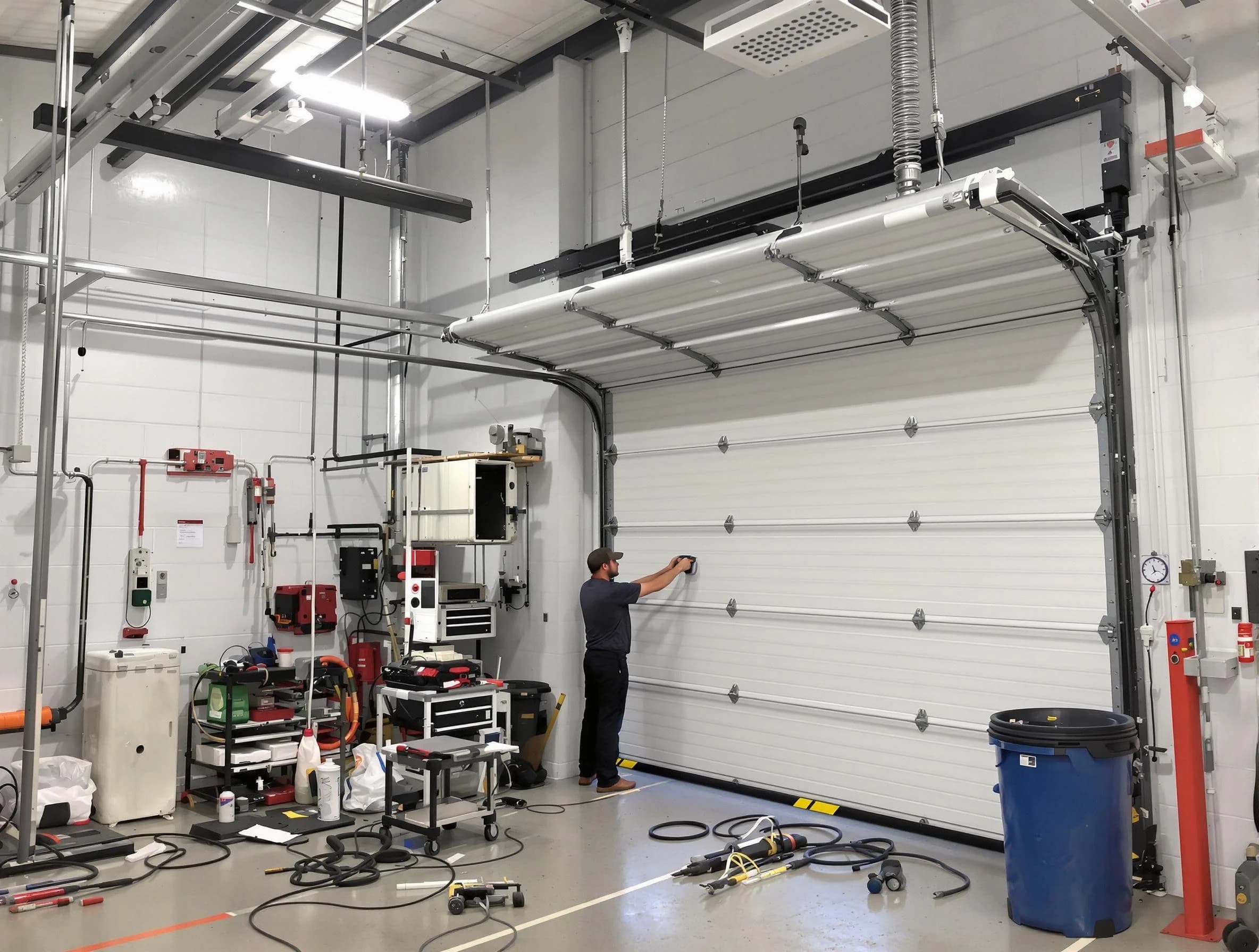 Teaneck Garage Door Repair certified technician performing commercial door repair at a Teaneck business facility