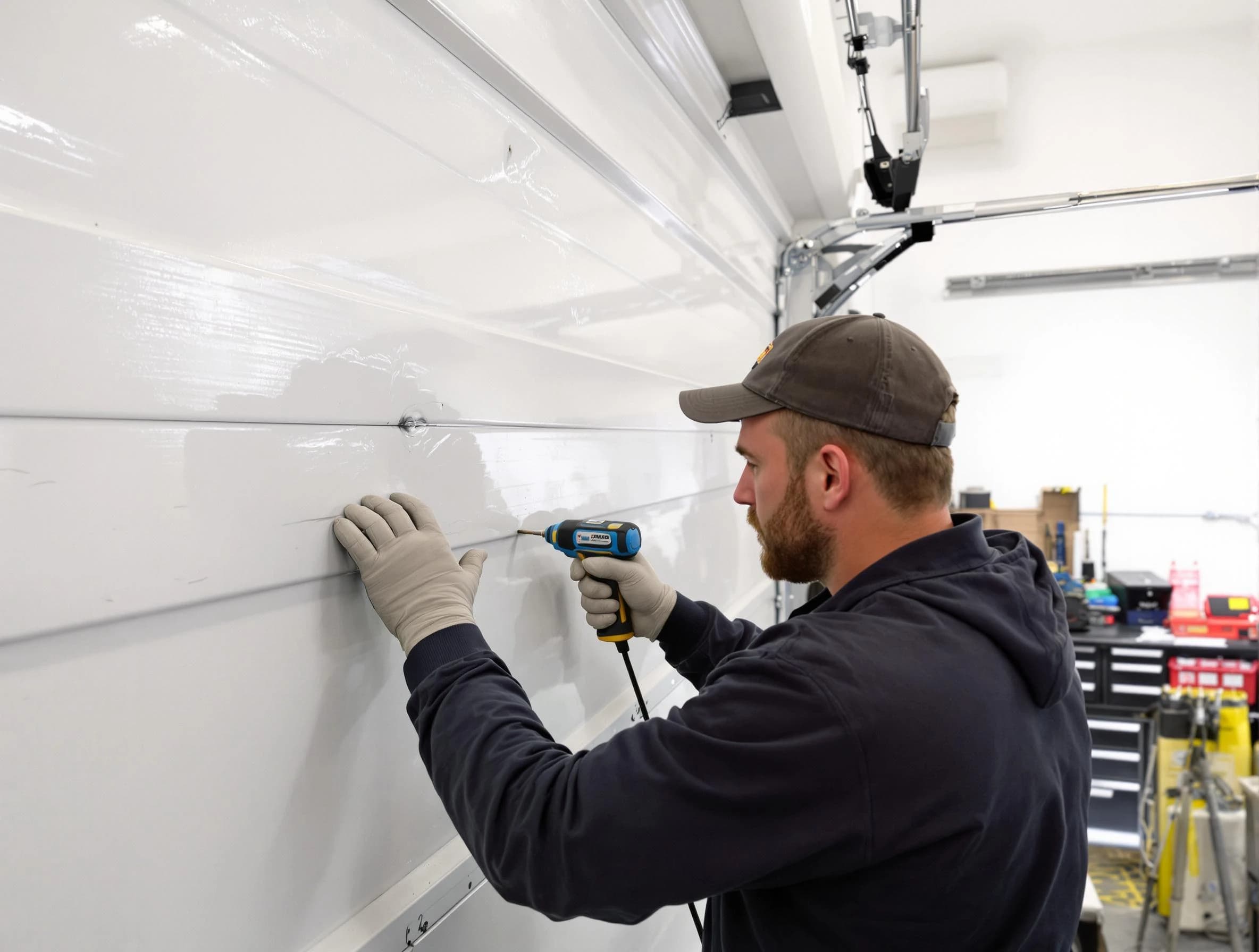 Teaneck Garage Door Repair technician demonstrating precision dent removal techniques on a Teaneck garage door