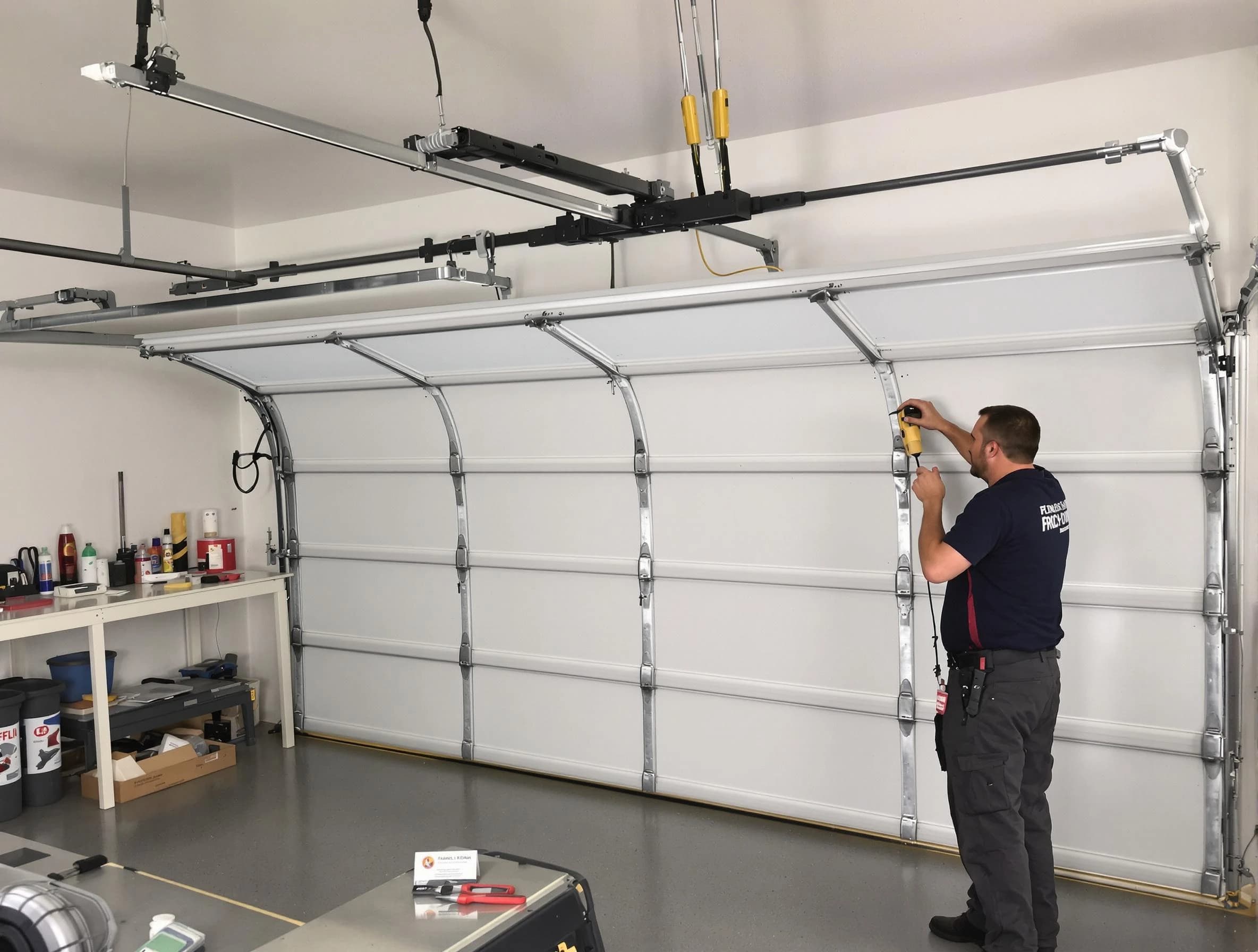 Teaneck Garage Door Repair certified technician performing overhead door system repair in Teaneck