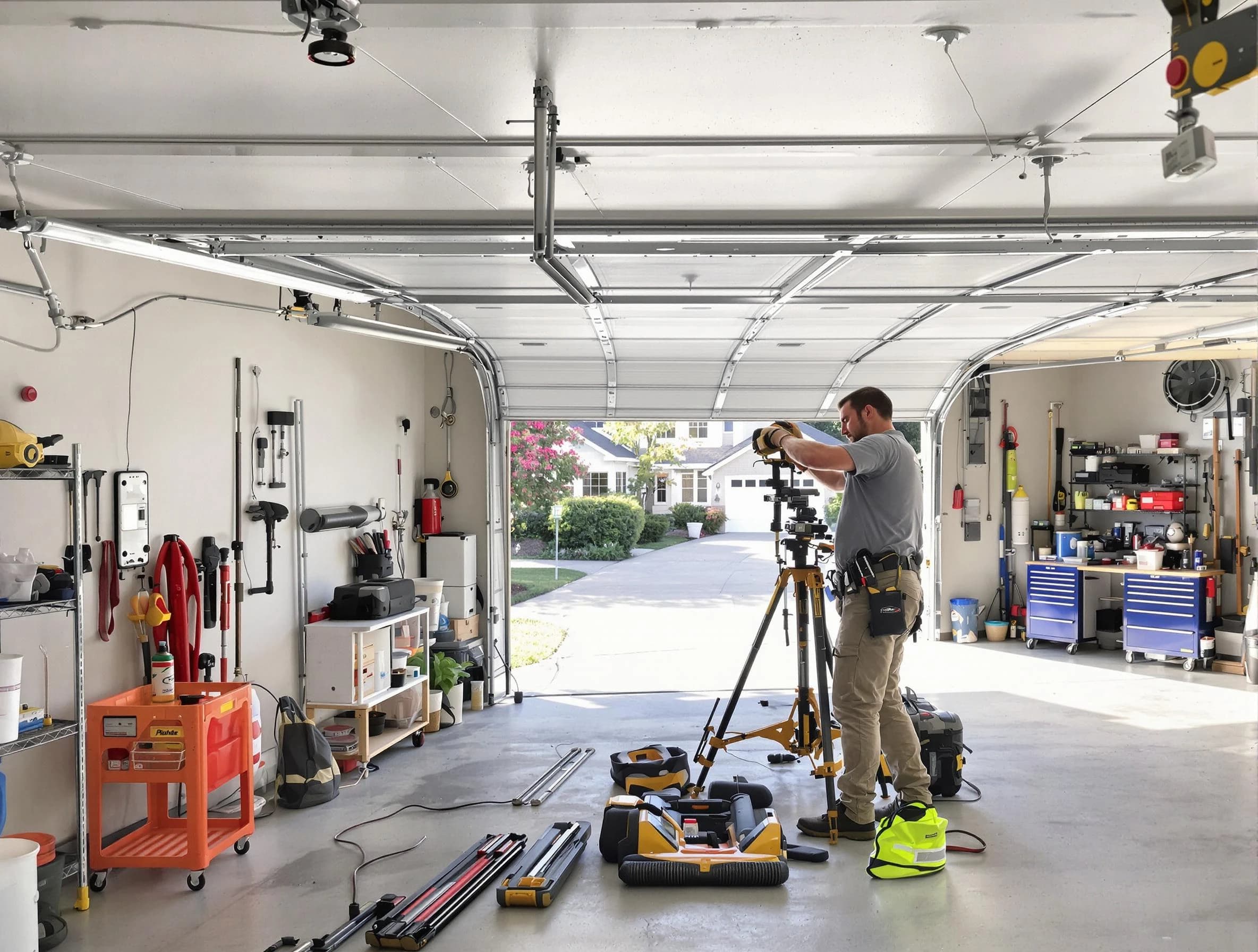 Teaneck Garage Door Repair specialist performing laser-guided track alignment in Teaneck
