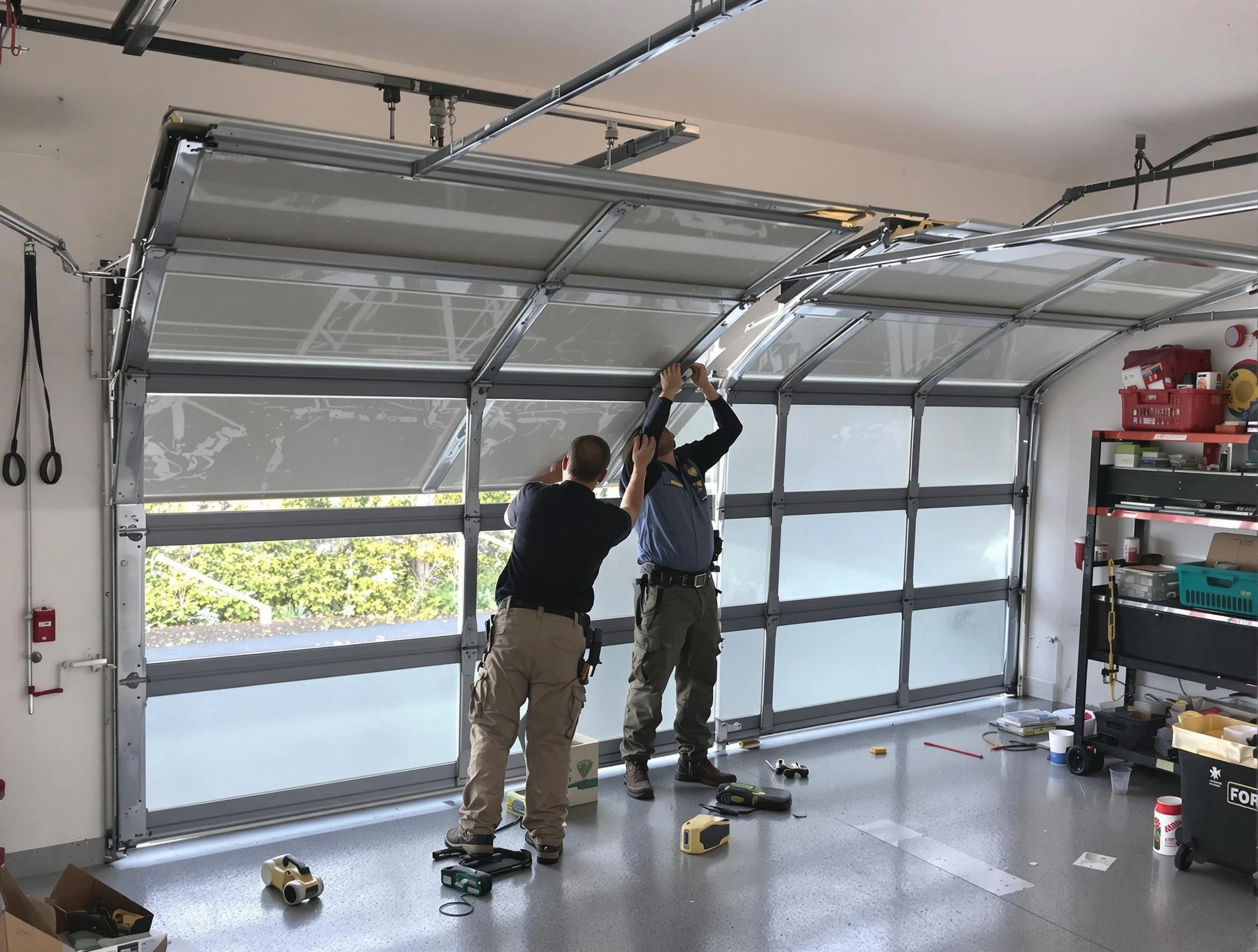 Teaneck Garage Door Repair expert performing precise panel replacement on Teaneck garage door